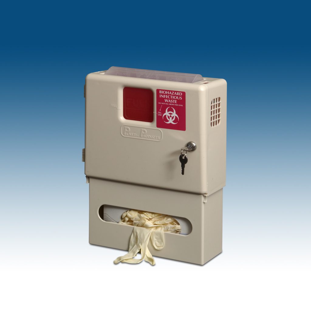 Cabinet Combo Kit – includes (1) Locking Wall Cabinet, (1) Glove Box, and (1) 5 qt. RED Container by Plasti-Products, Inc.  ID 145002